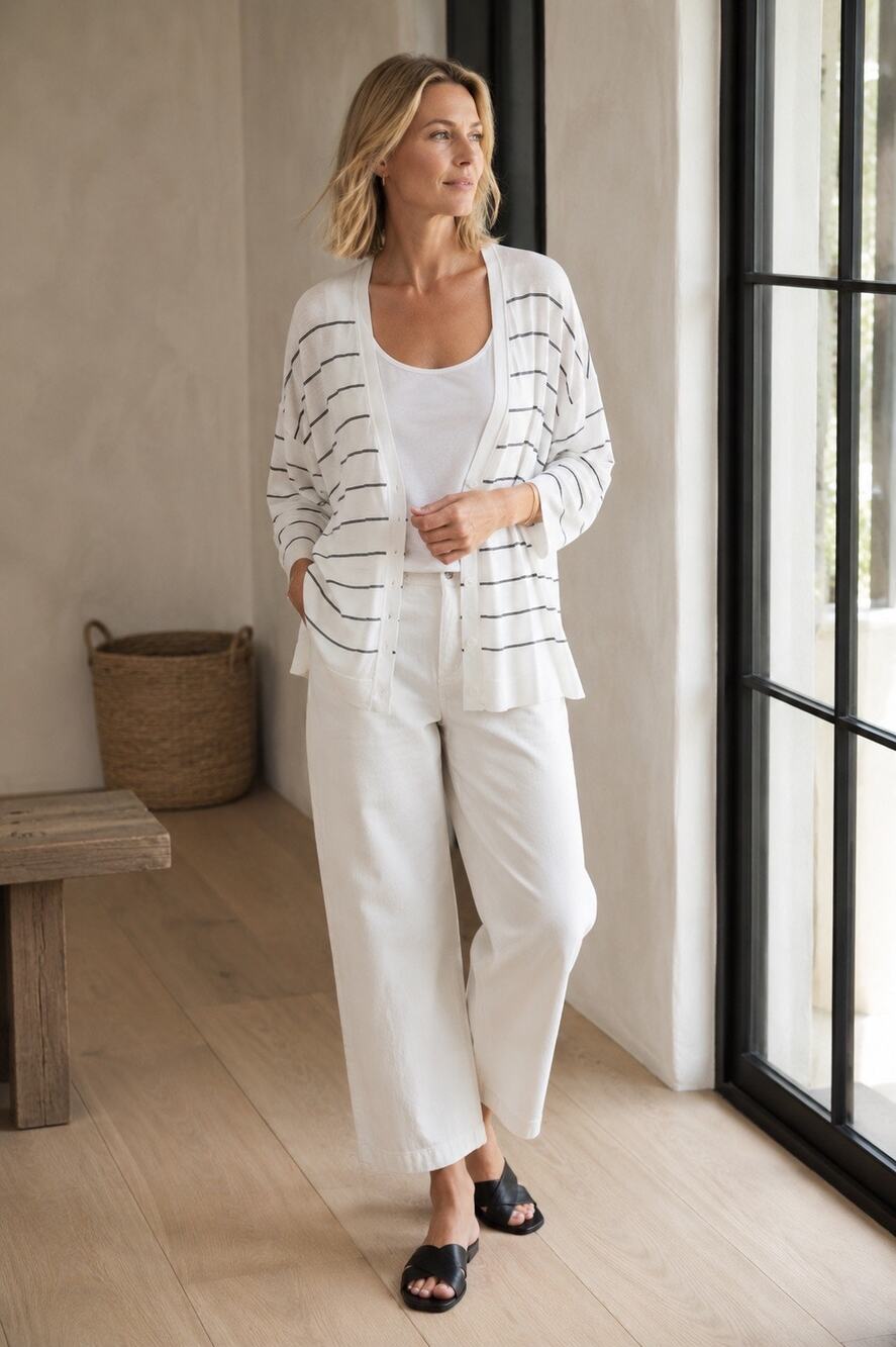 Eileen Fisher Boxy Striped Tencel Knit Cardigan White Gray Medium